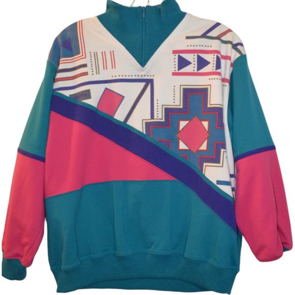 BLAST(R) Petites 1/4 Neck Zip Colorful Geometric Shapes Prints Sweater M/M - Picture 1 of 6